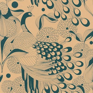 Illustrated Peacocks Wallpaper Gold & Teal Paper Strippable Roll (Covers 57 sq. ft.)