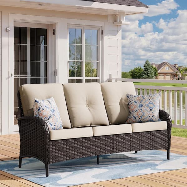 3-Seat Dark Brown Wicker Outdoor Couch Patio Couch Sofa with Beige Cushion