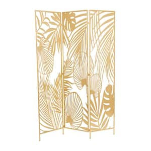 6 ft. Gold 3 Panel Hinged Foldable Partition Room Divider Screen with Palm Leaf Patterns