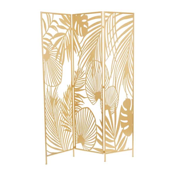 Litton Lane 6 ft. Gold 3 Panel Hinged Foldable Partition Room Divider Screen with Palm Leaf Patterns
