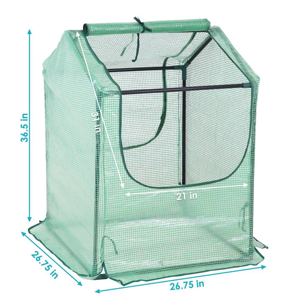 Green 2' x 2' Iron and Polyethylene Mini Greenhouse with Zippered Doors