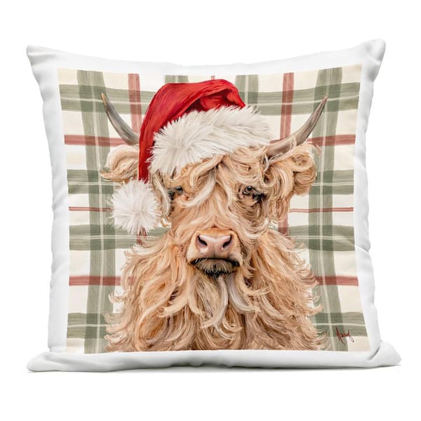 Holiday Wavy Haired Cattle Tan Square Outdoor Throw Pillow