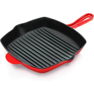 11 in. Enameled Cast Iron Square Non-stick Perfect Grill Marks Grill Pan in Red for All Cooktops with Drip Spout