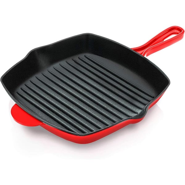 Adrinfly 11 in. Enameled Cast Iron Square Non-stick Perfect Grill Marks Grill Pan in Red for All Cooktops with Drip Spout