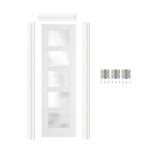 TENONER 30 in. x 80 in. 5-Panel Frosted Glass Prehung Interior Door Left-Handed MDF White with Door Jamb and Hardware Kit