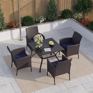Black 5-Piece Metal Patio Outdoor Dining Set with Slat Metal Square Table and Rattan Chairs with Blue Cushion