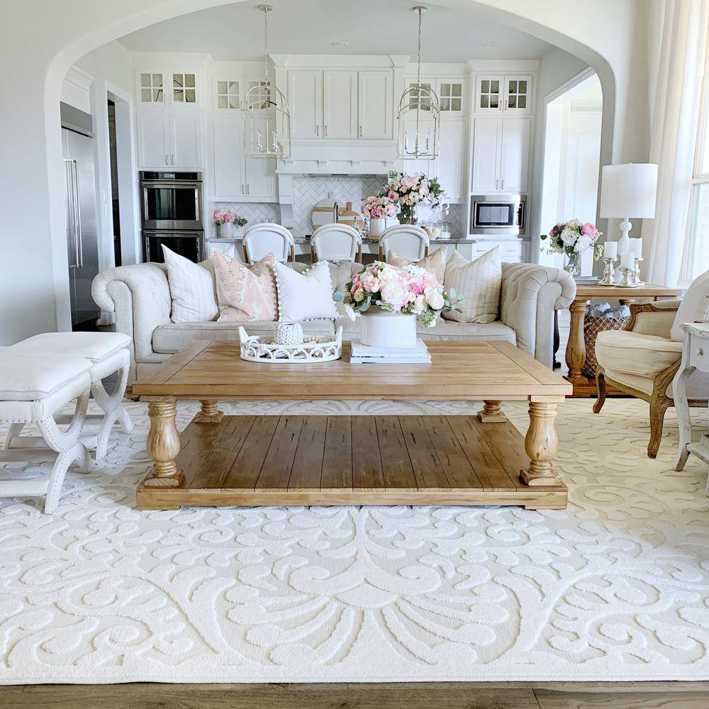 Natural Floral Rectangular Synthetic Indoor/Outdoor Rug