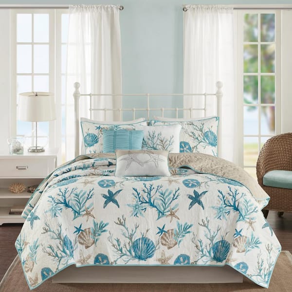 Madison Park Pacific Grove 6-Piece Aqua Cotton Full/Queen Quilt