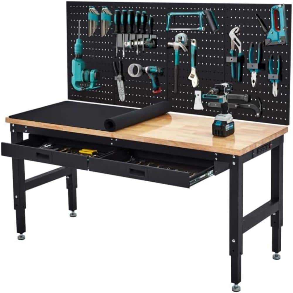 "Solid Wood Top Workbench Adjustable Height 60"" Heavy Duty Work Table 3000 LBS with 2 Drawers, Pegboard & Power Outlets" price history on PriceWatchPro