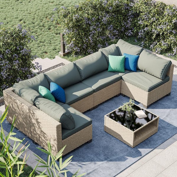 Unbranded 7-Pieces Beige Wicker Outdoor Sectional Set with Gray Cushion and Coffee Table