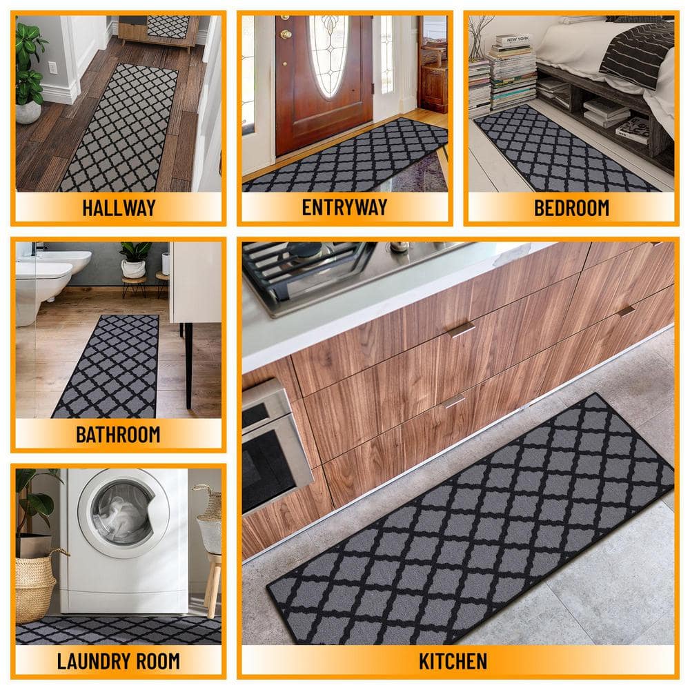 Dark Gray Washable Non-Slip Trellis Runner Rug