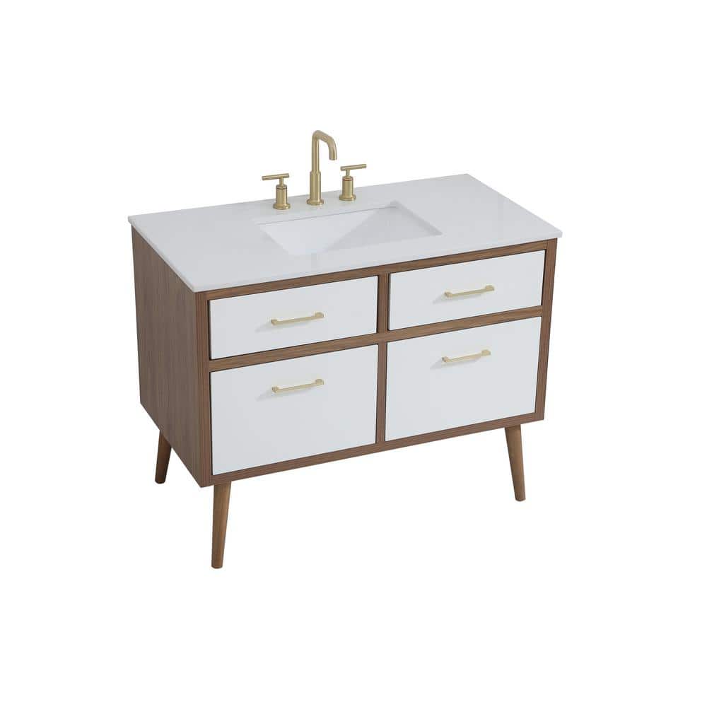 42" White MDF Bathroom Vanity with Gold Hardware and Engineered Marble Countertop