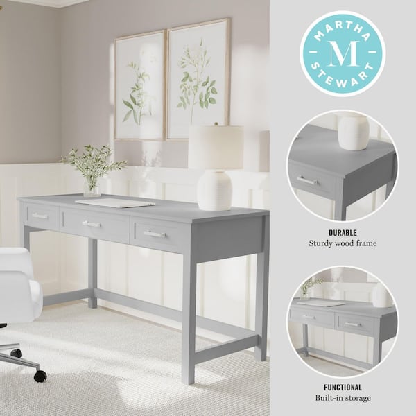 Hutton 54 in. Rectangle Gray Frame/Brushed Nickel Hardware Home Office 3 Drawer Desk