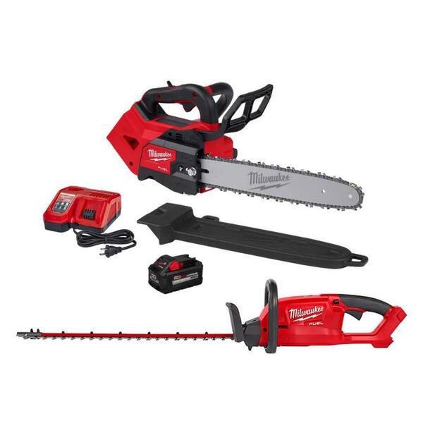 Milwaukee M18 FUEL 14 in. Top Handle 18V Lithium-Ion Brushless Cordless Chainsaw 8.0 Ah Kit and 24 in. Hedge Trimmer (2-Tool)