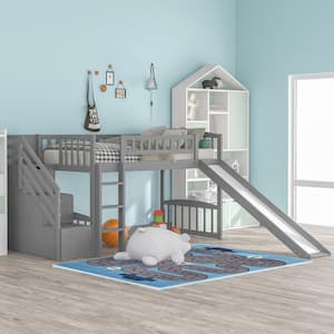 Gray Wood Frame Twin Size Loft Bed with Slide, Staircase with 2-drawers