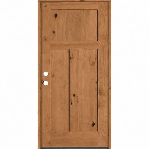 36 in. x 80 in. Rustic Knotty Alder 3 Panel Right-Hand/Inswing BEHR Cedar Stain Wood Prehung Front Door