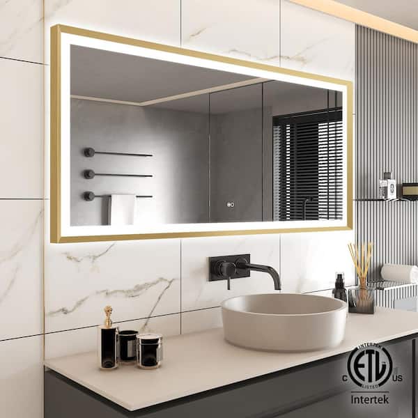 FORCLOVER 60 in. W x 28 in. H Rectangular Framed Beveled Edge Anti-Fog Dimmable Wall Bathroom Vanity Mirror in Brushed Gold