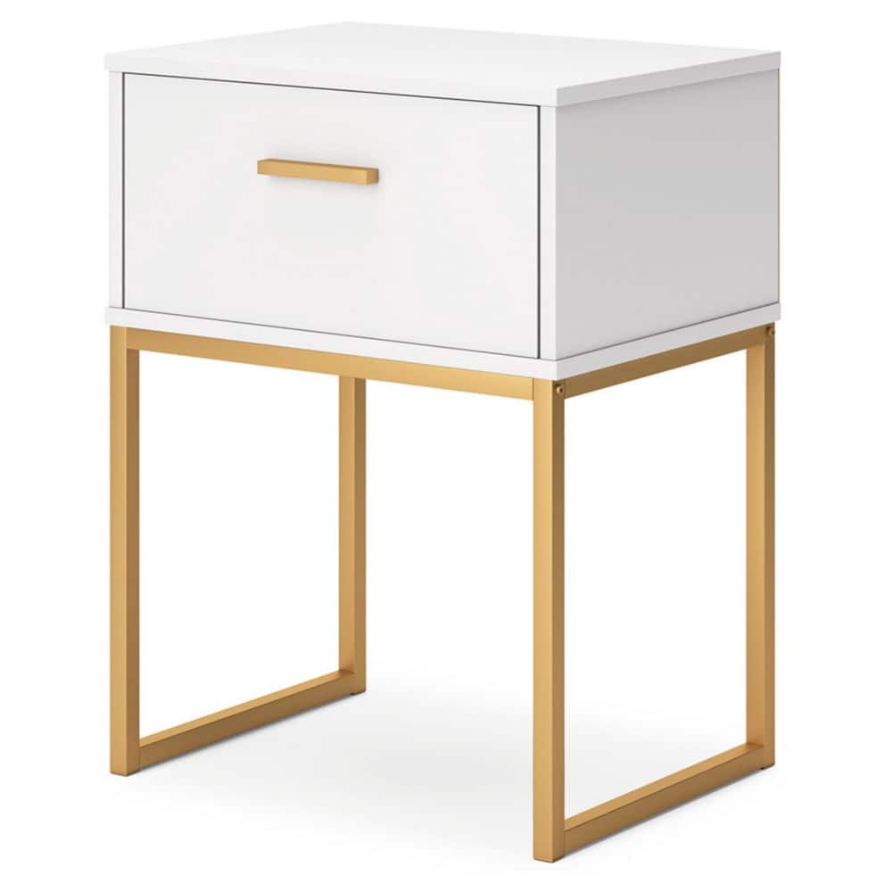White and Gold 1-Drawer Nightstand with Metal Legs