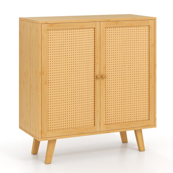 Bamboo Buffet Storage Cabinet with PE Rattan Doors for Kitchen Dining Room and Living Room, Natural