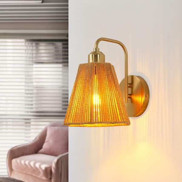 9 in. 1-Light Brass Wall Sconce with Natural Rope Shade