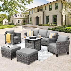 Megon Holly 6-Piece Wicker Outdoor Patio Fire Pit Seating Sofa Set with Dark Gray Cushions