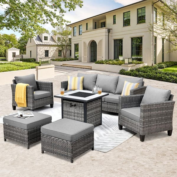 XIZZI Megon Holly 6-Piece Wicker Outdoor Patio Fire Pit Seating Sofa Set with Dark Gray Cushions