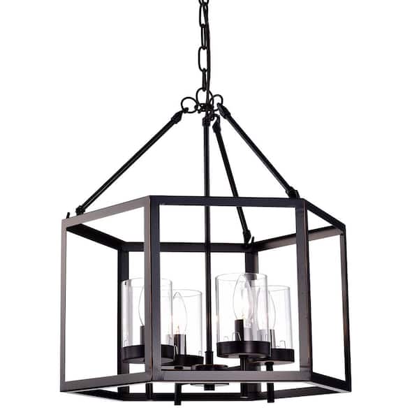 Edvivi Renzo 4-Light Oil Rubbed Bronze Geometric Hexagon Lantern Cage Chandelier with Clear Glass Shade