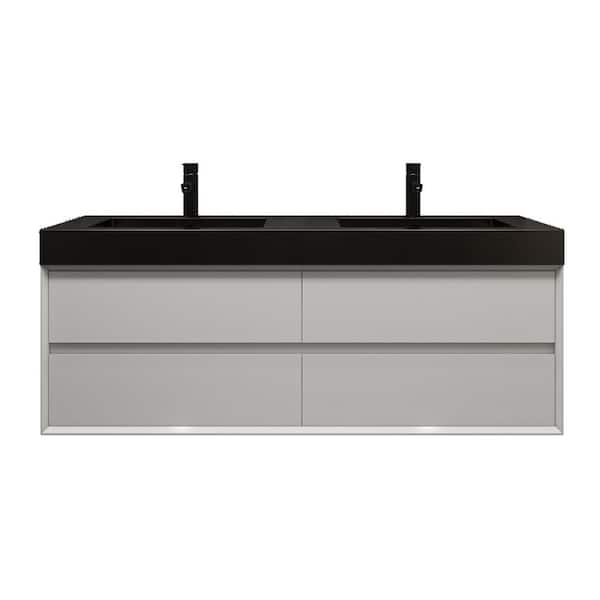 MIA 59 in. W. x 20 in. D x 24 in. H Double Sink Floating Bath Vanity in Gloss White with Black Stainless-Steel Top