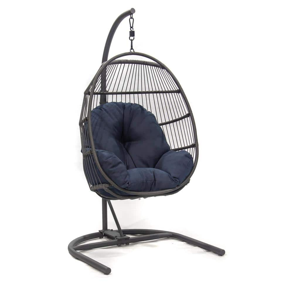 Crosby Steel Outdoor Egg Chair with Dark Gray Stand and Blue Cushions ...