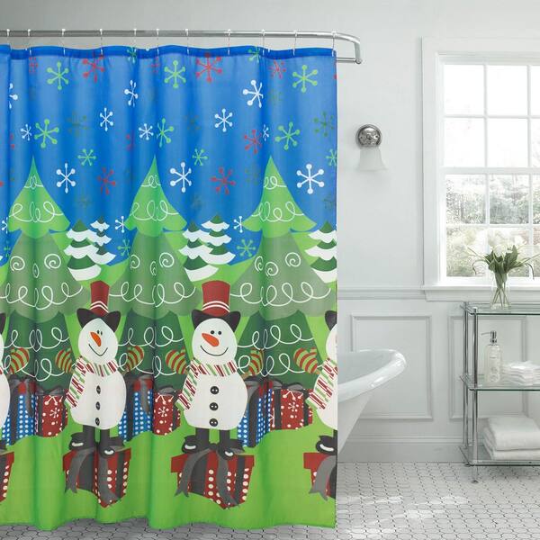 Creative Home Ideas Christmas Tree and Snowman 70 in. x 72 in. Shower Curtain