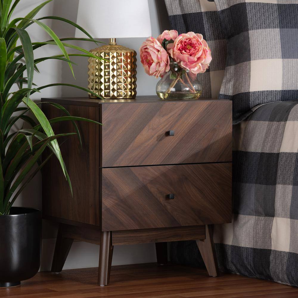 Walnut Brown Mid-Century Modern 2-Drawer Nightstand