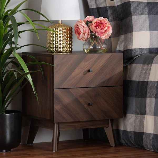 Baxton Studio Hartman 2 Drawer Walnut Brown Nightstand 22.75 in