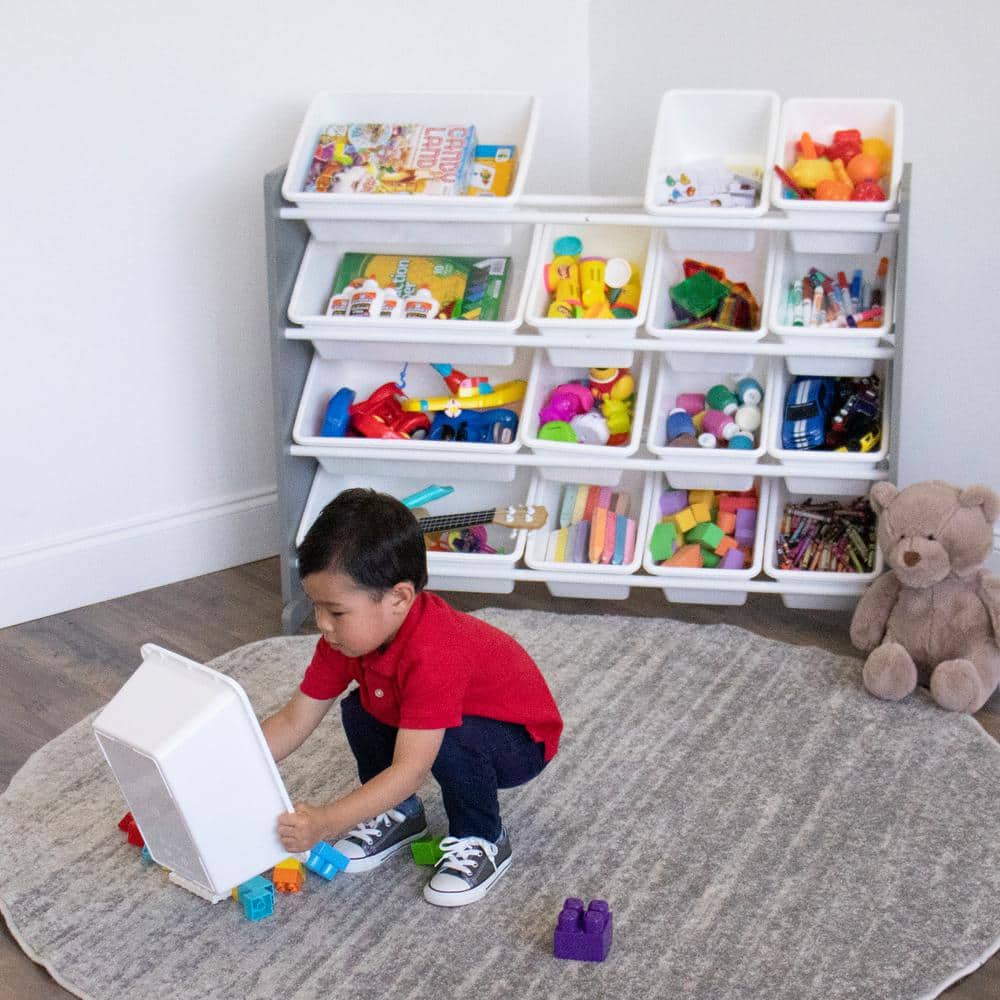 Extra Large Gray and White Kids Toy Storage Organizer with 16 Bins