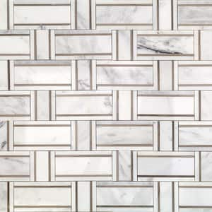 Mingle Asian Statuary and Athens Gray 4 in. x 0.39 in. Polished Marble Floor and Wall Mosaic Tile Sample