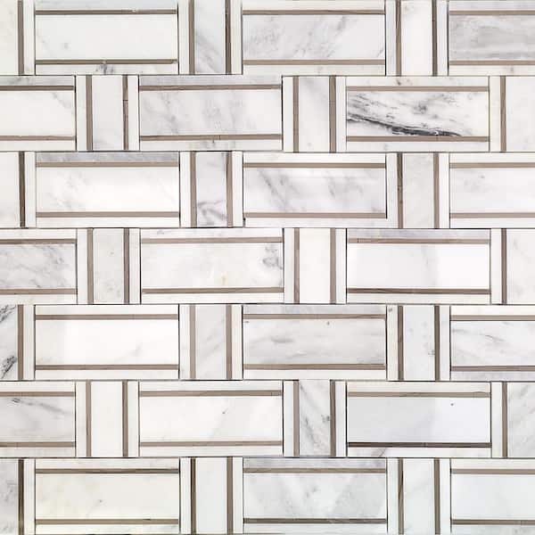 Ivy Hill Tile Mingle Asian Statuary and Athens Gray 4 in. x 0.39 in. Polished Marble Floor and Wall Mosaic Tile Sample