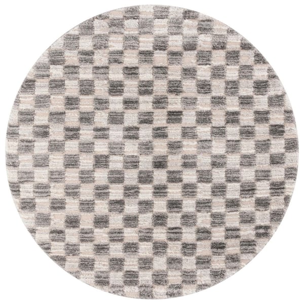 SAFAVIEH Seattle Shag 7 ft. x 7 ft. Ivory/Gray Checkered Round Area Rug