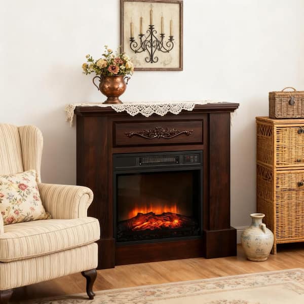 32 in. Freestanding Mantel Surround with 18 in. Electric Fireplace insert, Heater 323 sq. ft., Adjustable Heat in Brown