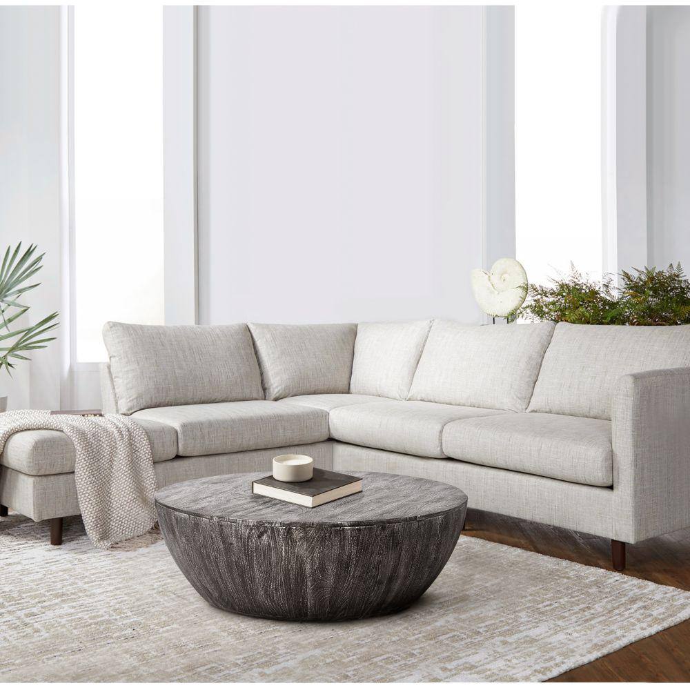 THE URBAN PORT Arthur 35.5 in. Sandblasted Black Round Drum Shape Mango Wood Coffee Table with