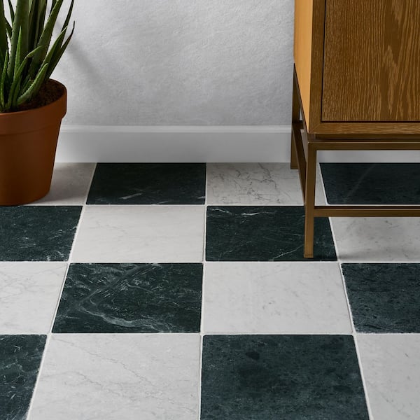 Heritage Verde and Bianco Carrara 6 in. x 0.37 in. Tumbled Marble Checkerboard Floor and Wall Tile Sample