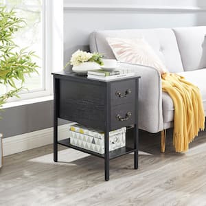 End Table, Narrow Chairside Table with 2 Drawers and Open Shelf, Nightstand with Charging Station USB Ports，Black-USB