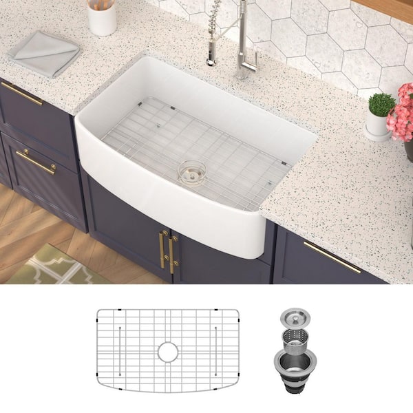 33 in. x 20 in. Ceramic White Farmhouse Single Bowl Apron Front Kitchen Sink with Bottom Grid