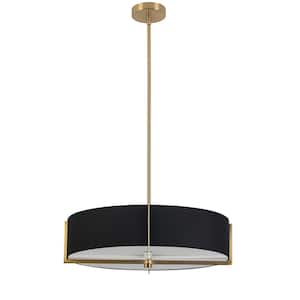 Preston 4 Light Aged Brass Shaded Pendant Light with Black Fabric Shade