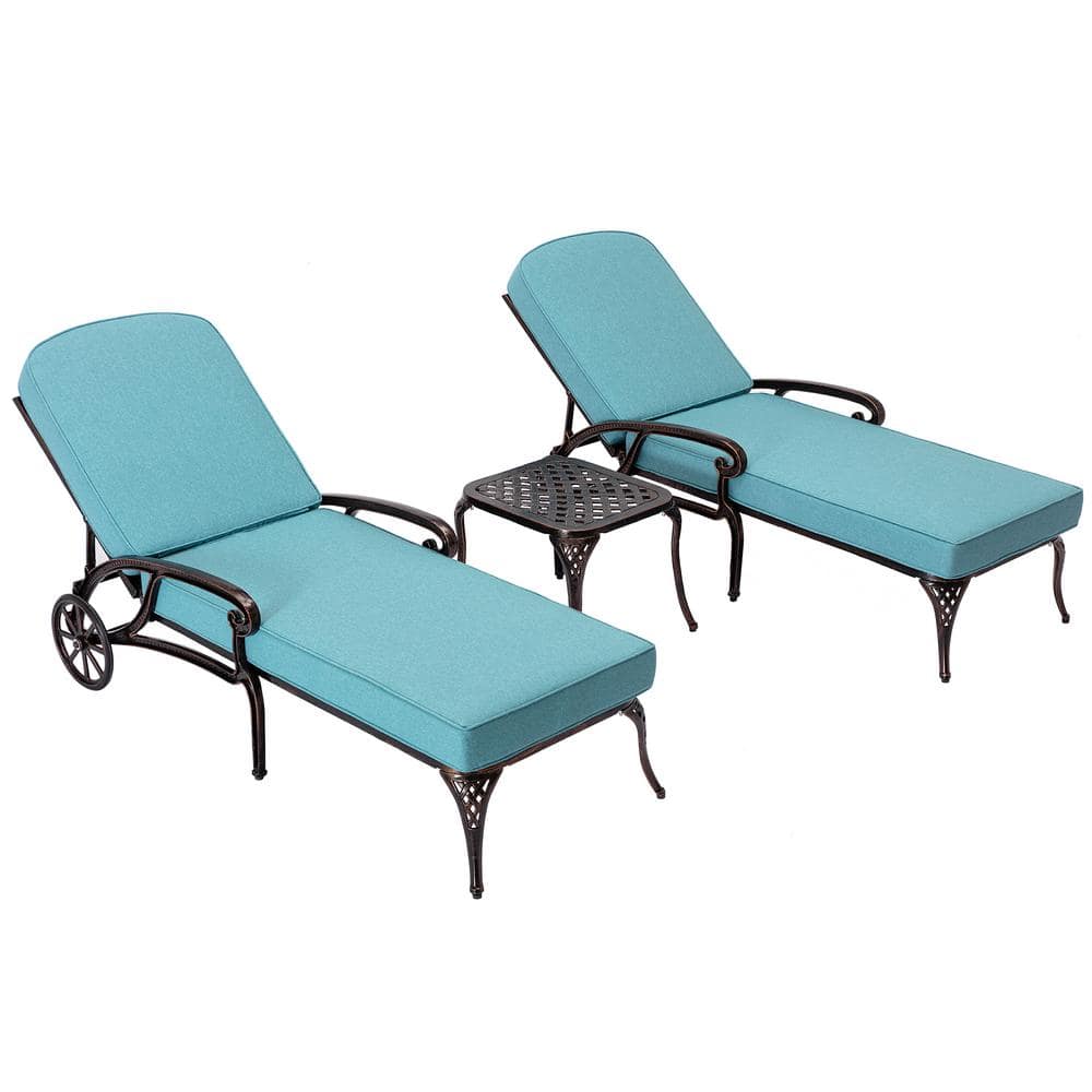 DESwan Messer Bronze 3Piece Aluminum Outdoor Chaise Lounge with Green Cushions and Table
