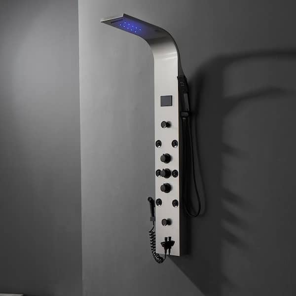 Dual 5-in-1 8-Jet Rainfall Shower Panel System with Waterfall Shower Head and Shower Wand With LED Light in Black Nickel
