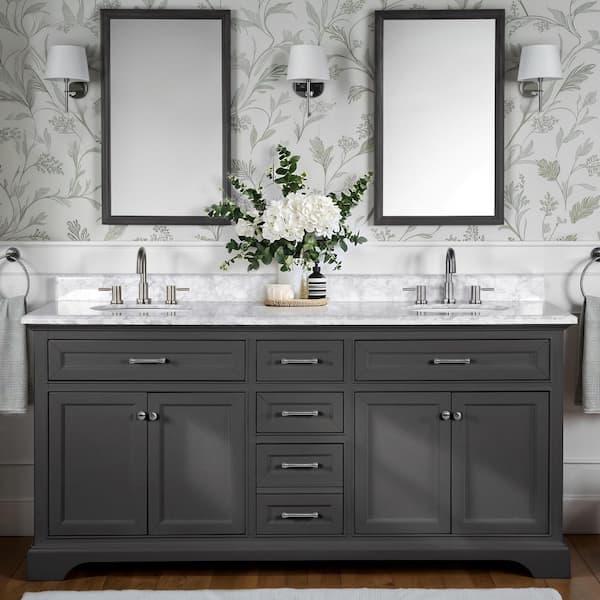 Windlowe 73 in. Double Sink Gray Bath Vanity with White Carrara White Marble Top (Assembled)