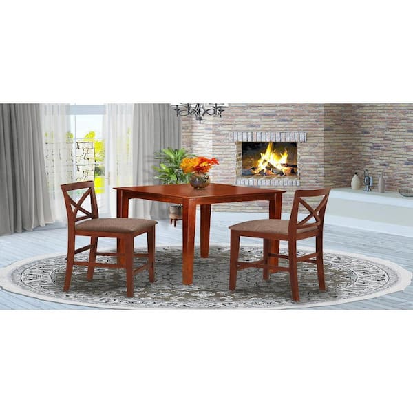 East West Furniture 3-Piece Brown Finish Solid Wood Top Counter Height Dining Table Set