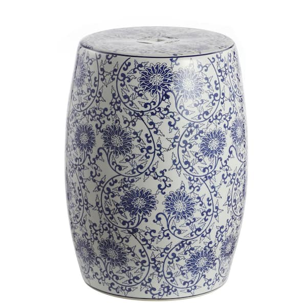 JONATHAN Y Lotus Blossom 17.5 in. Blue/White Chinoiserie Ceramic Drum Garden Stool