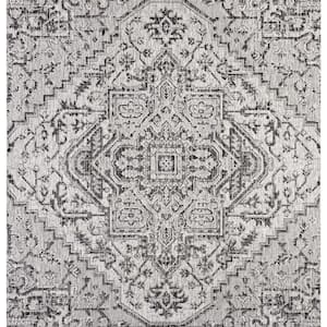 Estrella Bohemian Black/Gray 5 ft. Medallion Textured Weave Indoor/Outdoor Square Area Rug