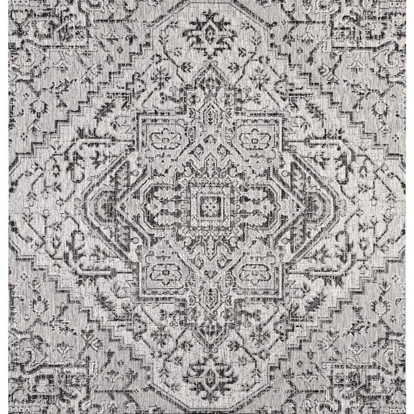 Estrella Bohemian Medallion Textured Weave Black/Gray 5 ft. Square Indoor/Outdoor Area Rug