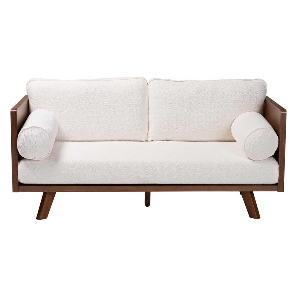 Mid-Century Modern Cream Boucle Fabric 2-Seat Sofa with Wood Frame